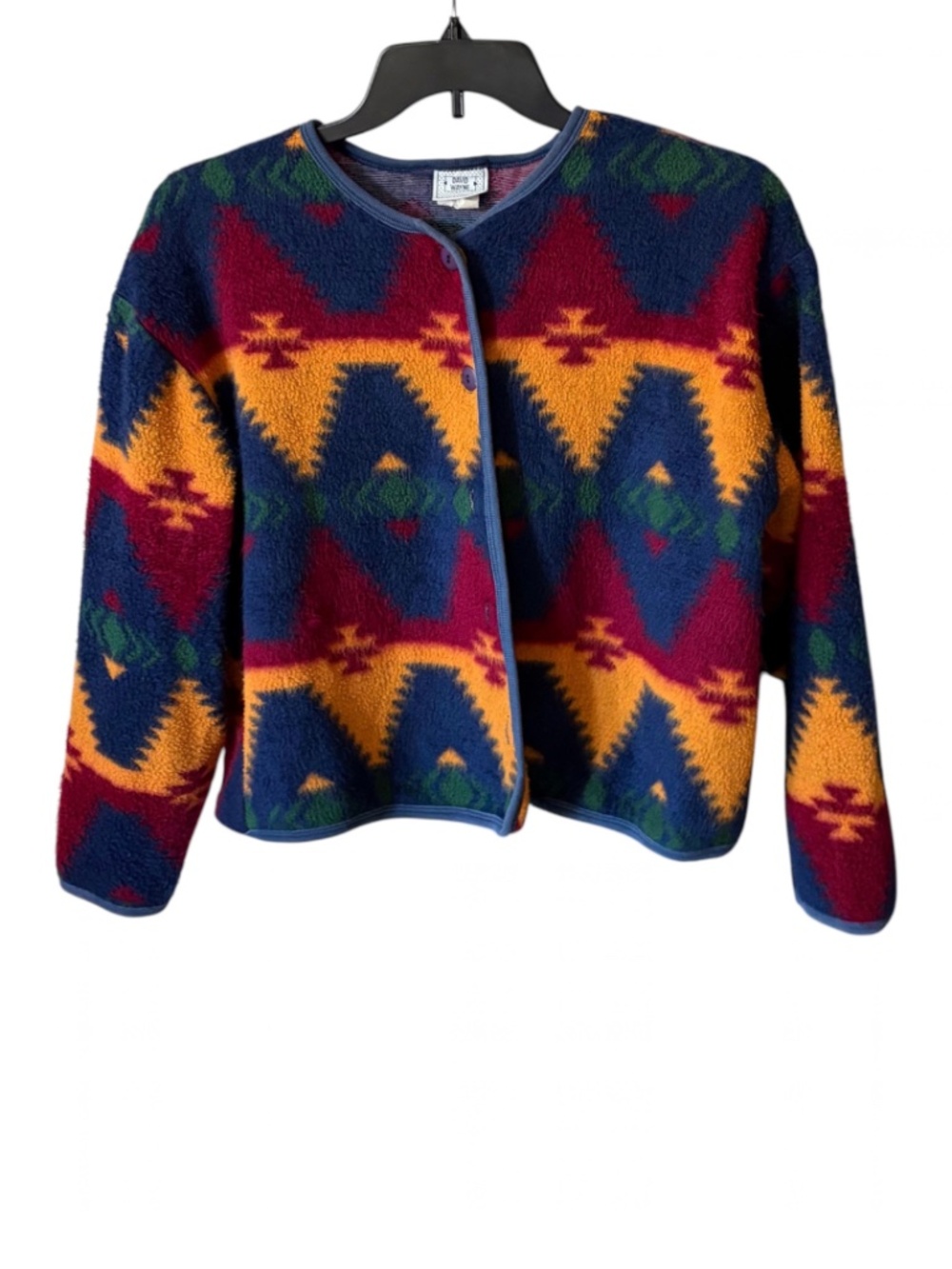 Vintage David Wayne fleece cardigan with a southwestern Aztec geometric